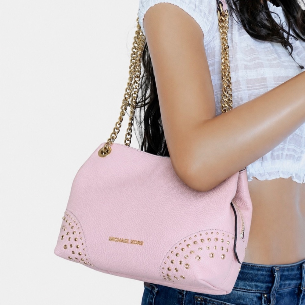 Michael Kors Jet Set Medium Leather Messenger Bag Gold Chain Blush Pink